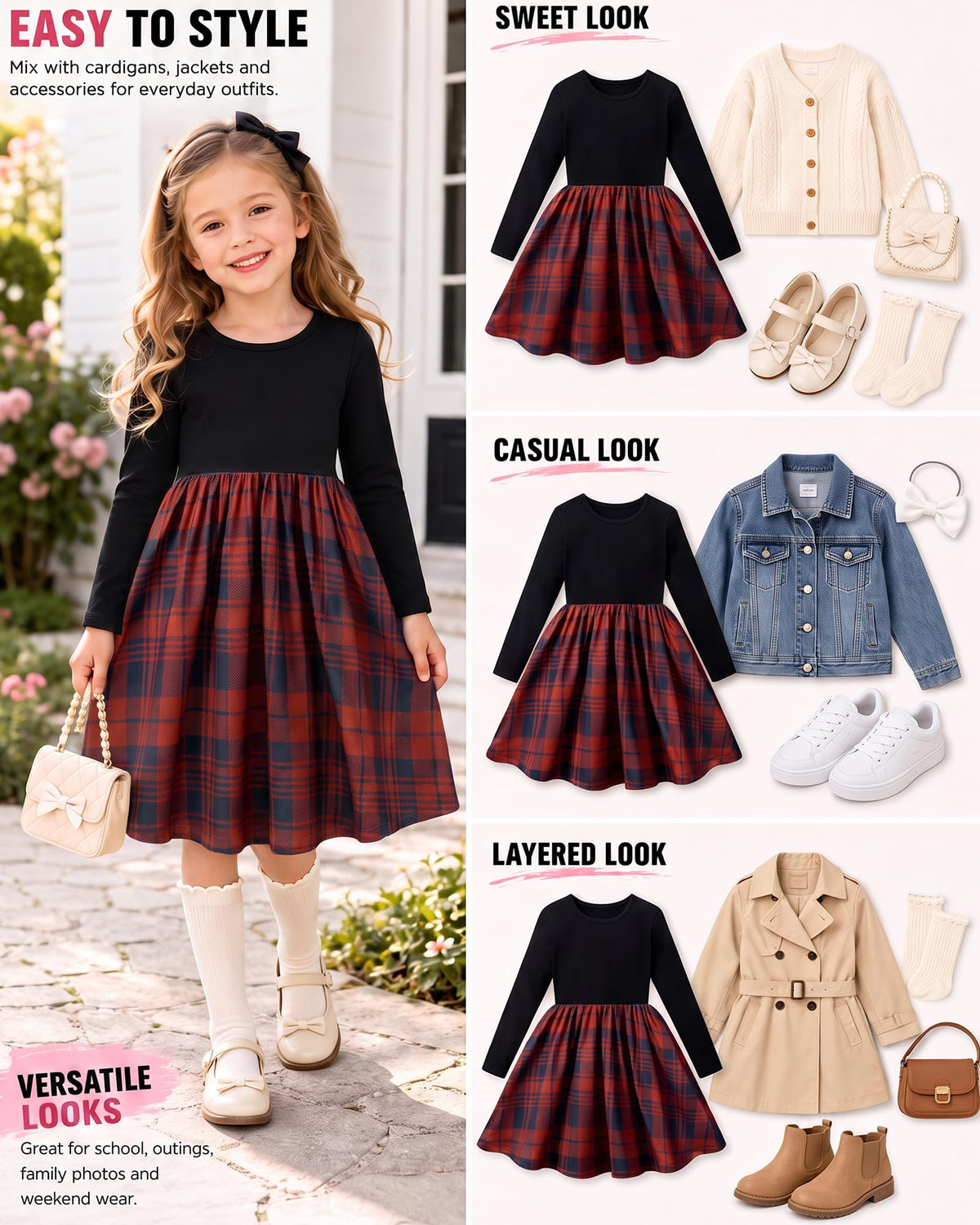 Lanbubble Toddler Girls Long Sleeve Dress A-Line Casual Play Dresses Size 2-7T