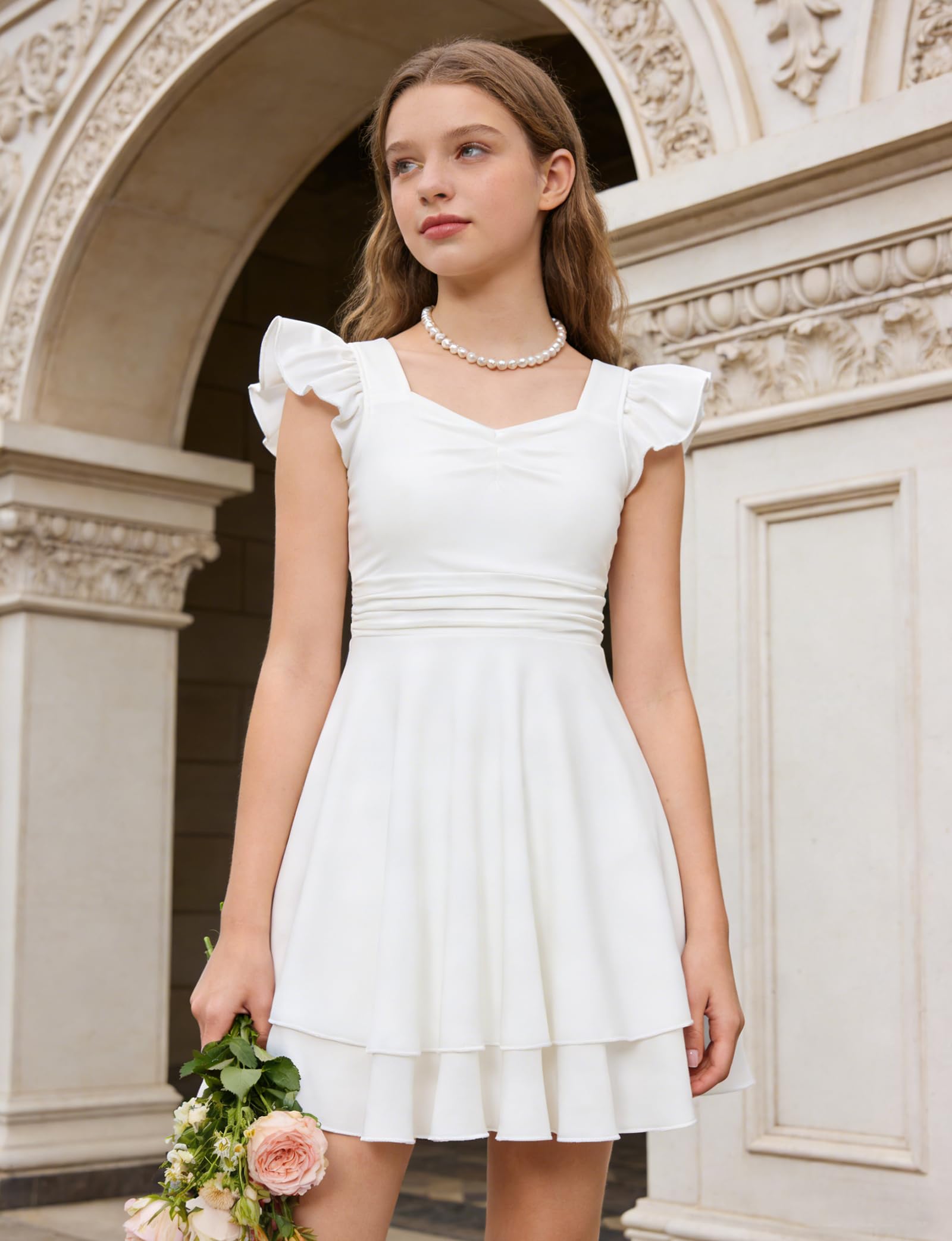 Lanbubble Girls Ruched Dresses Ruffle Sleeve Teens Tiered Swing A-line Teen Dress 8-16 Years