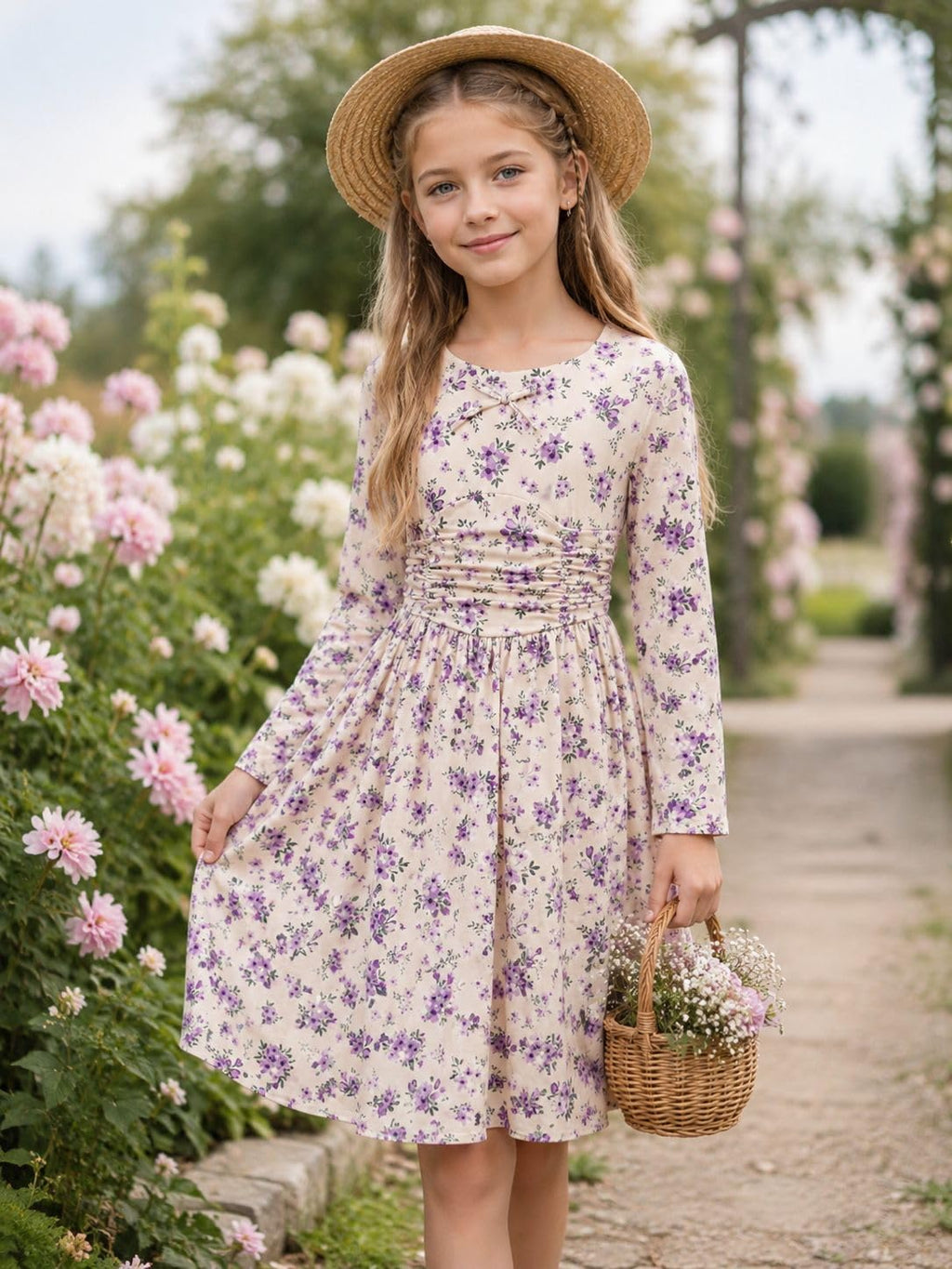 Lanbubble Girls Long Sleeve Dress Square Neck Bell Sleeve A-Line 7-14Y