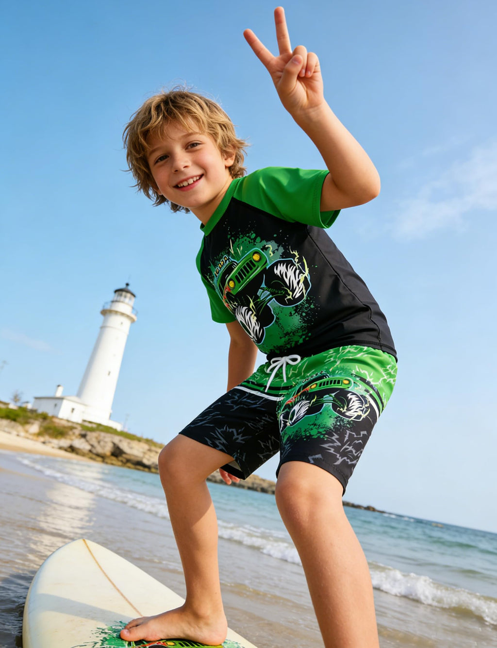 Lanbubble Toddler Boys Swimsuits Set Rash Guard Two Piece Short Sleeve Bathing Suit with Trunks 4-10 Years