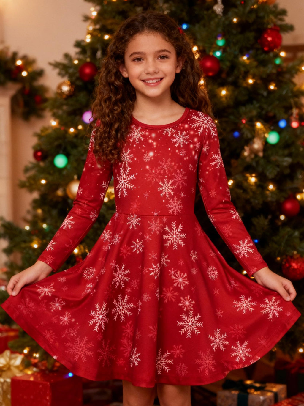 Lanbubble Girls Christmas Dresses Long Sleeve A-Line Casual Dress Twirly Skater Dresses 5-13 Years
