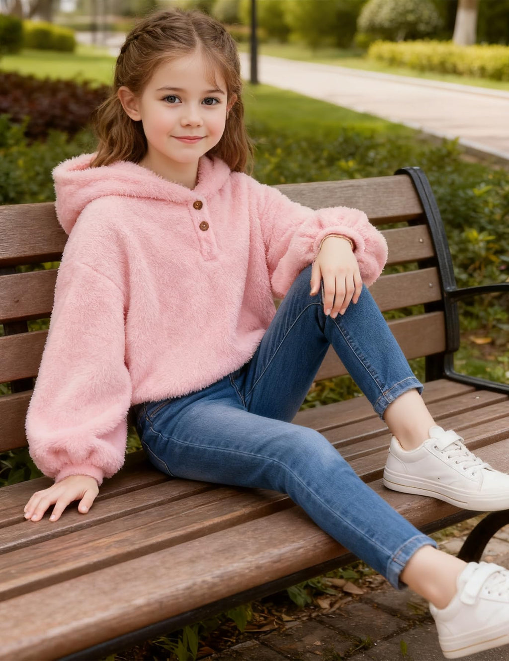 Lanbubble Girls Fuzzy Hoodie Fleece Sweaters Button Pullover Sherpa Jacket Tops for Kids 6-13Y