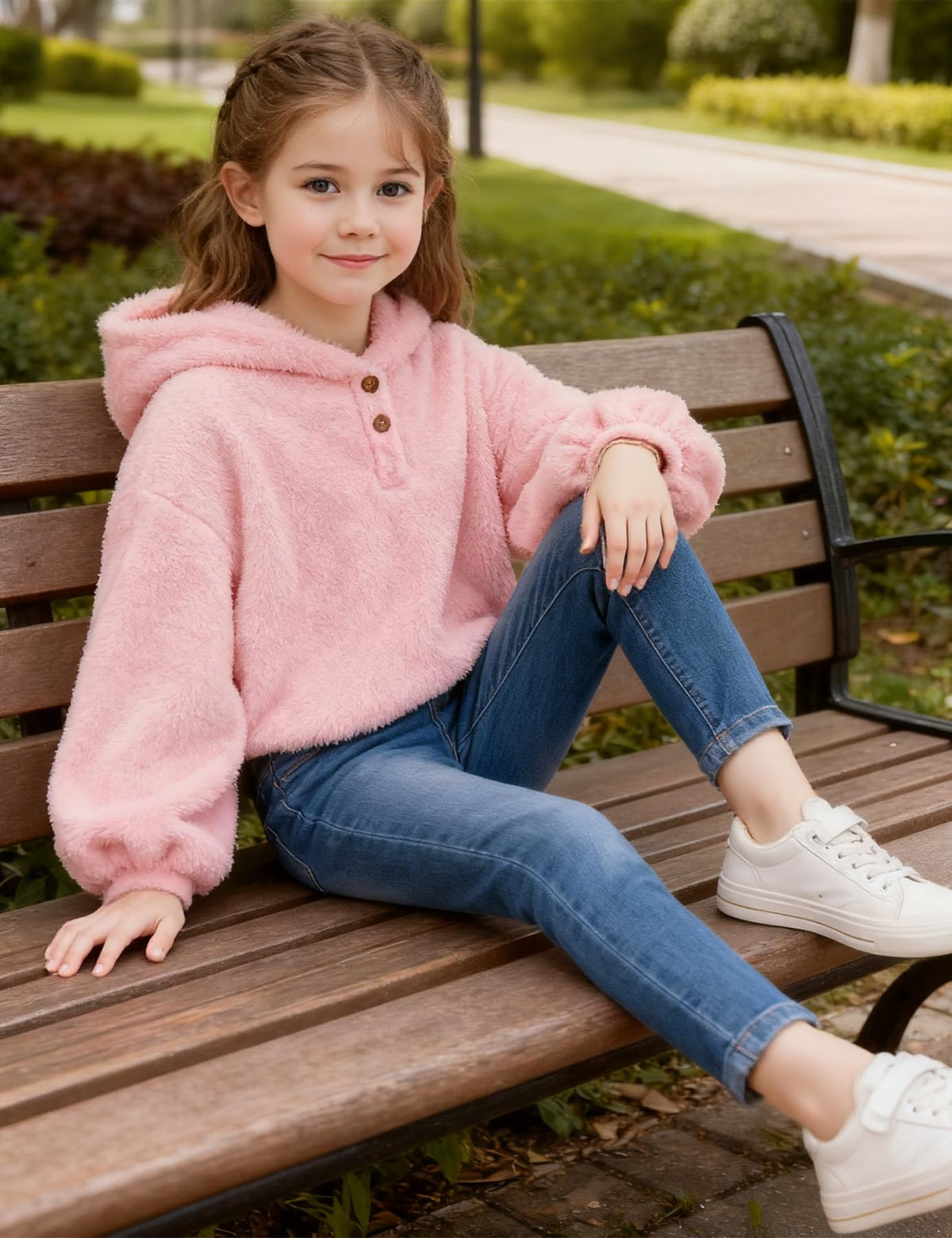 Lanbubble Girls Fuzzy Hoodie Fleece Sweaters Button Pullover Sherpa Jacket Tops for Kids 6-13Y