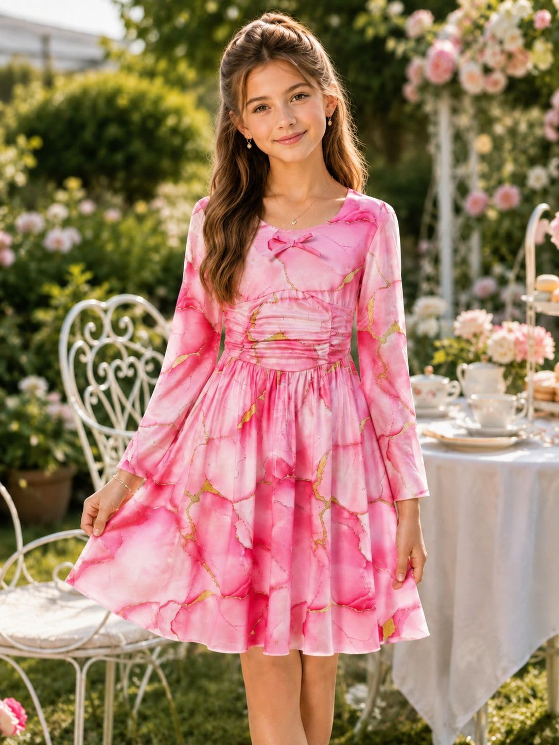 Lanbubble Girls Long Sleeve Dress Square Neck Bell Sleeve A-Line 7-14Y