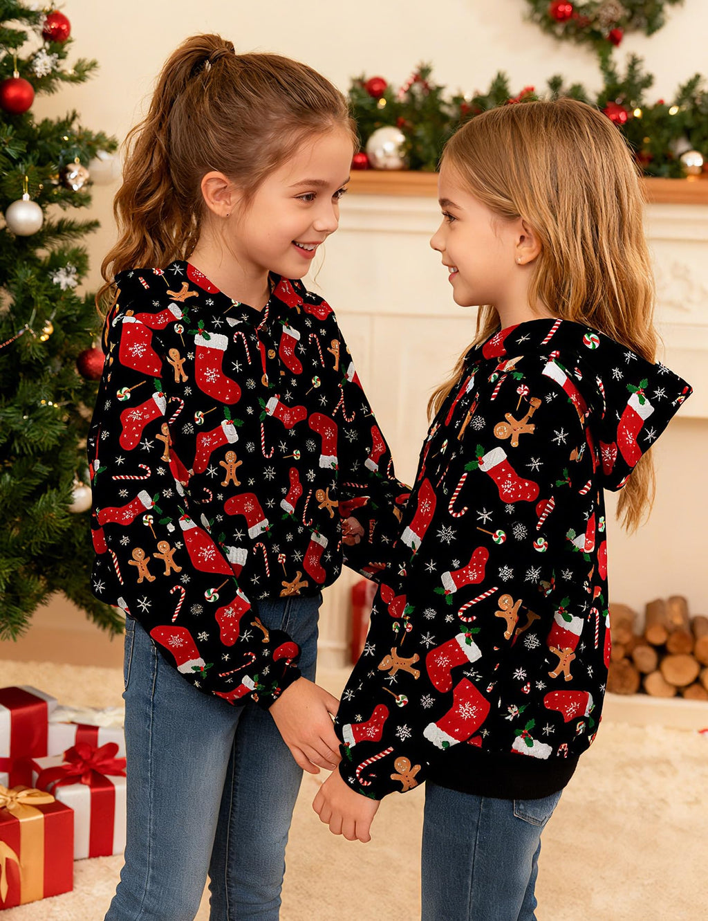 Lanbubble Girls Christmas Hoodie Sweatshirt Warm Pullover Top with Button, Sizes 6-13 Years