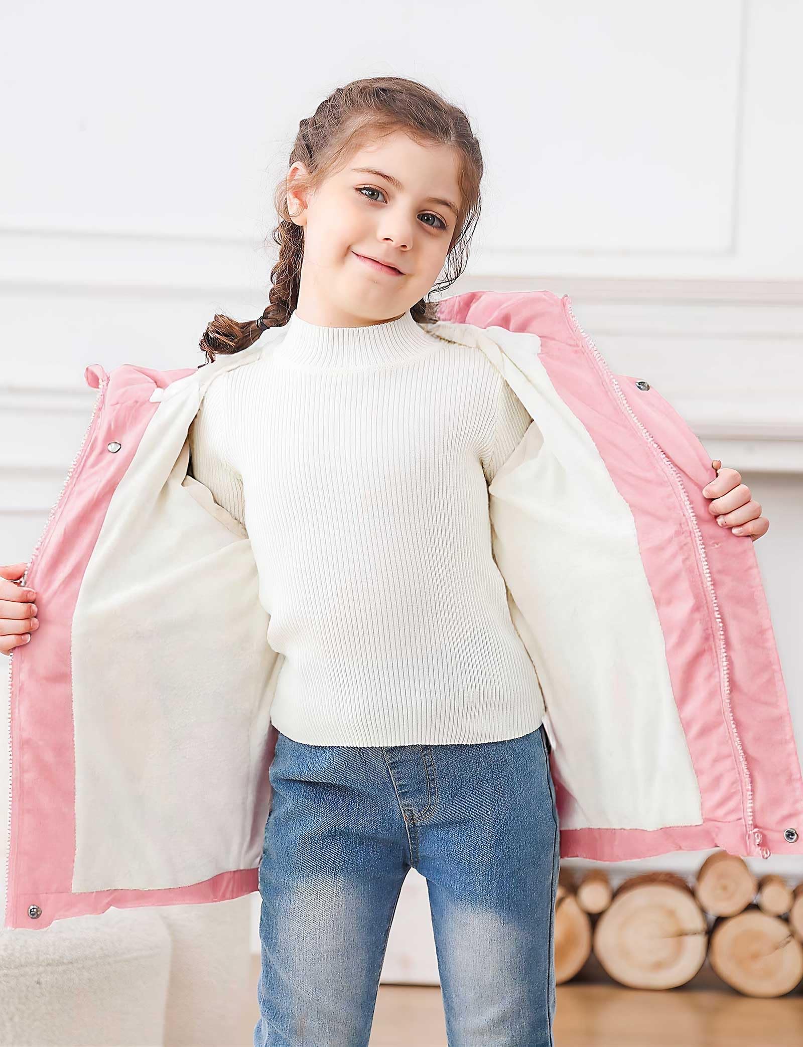 Lanbubble Little Girls Winter Coats Kids Hooded Fleece Lined Jacket Toddler Mid-Length Zip Puffer Jackets 2-6Y