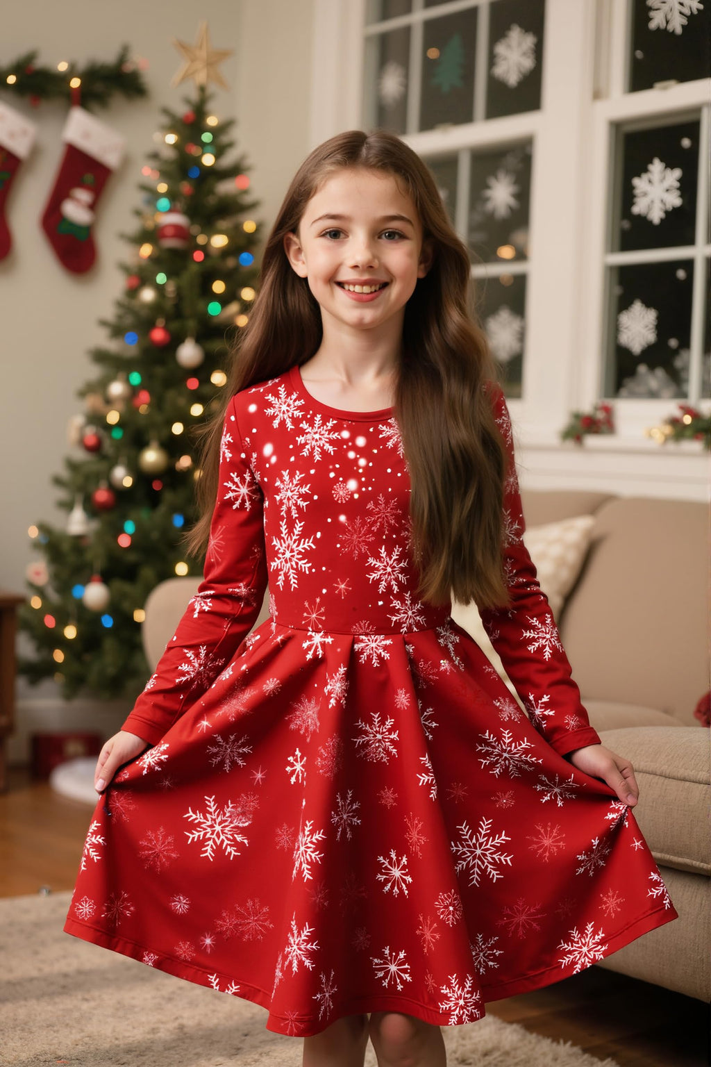 Lanbubble Girls Christmas Dresses Long Sleeve A-Line Casual Dress Twirly Skater Dresses 5-13 Years