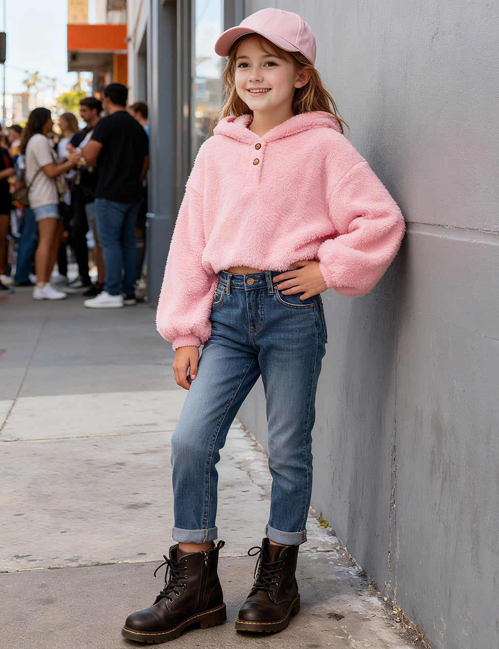 Lanbubble Girls Fuzzy Hoodie Fleece Sweaters Button Pullover Sherpa Jacket Tops for Kids 6-13Y
