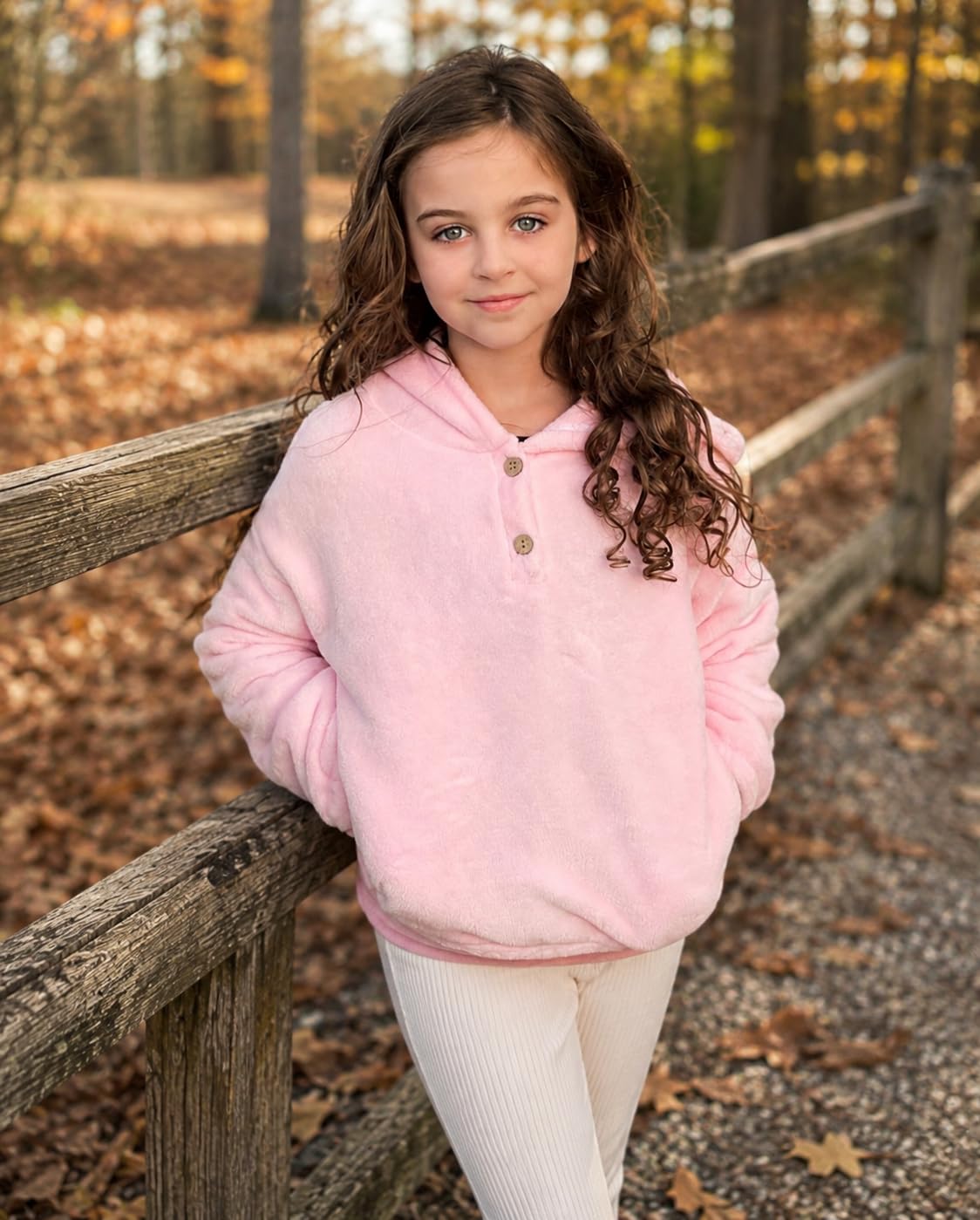 Lanbubble Girls Fuzzy Hoodie Fleece Sweaters Button Pullover Sherpa Jacket Tops for Kids 6-13Y