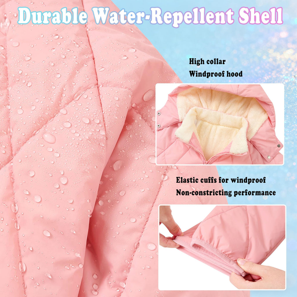 Lanbubble Girls Fleece Lined Hooded Puffer Jacket Winter Coat, Warm Outerwear with Pockets, Sizes 5-12 Years