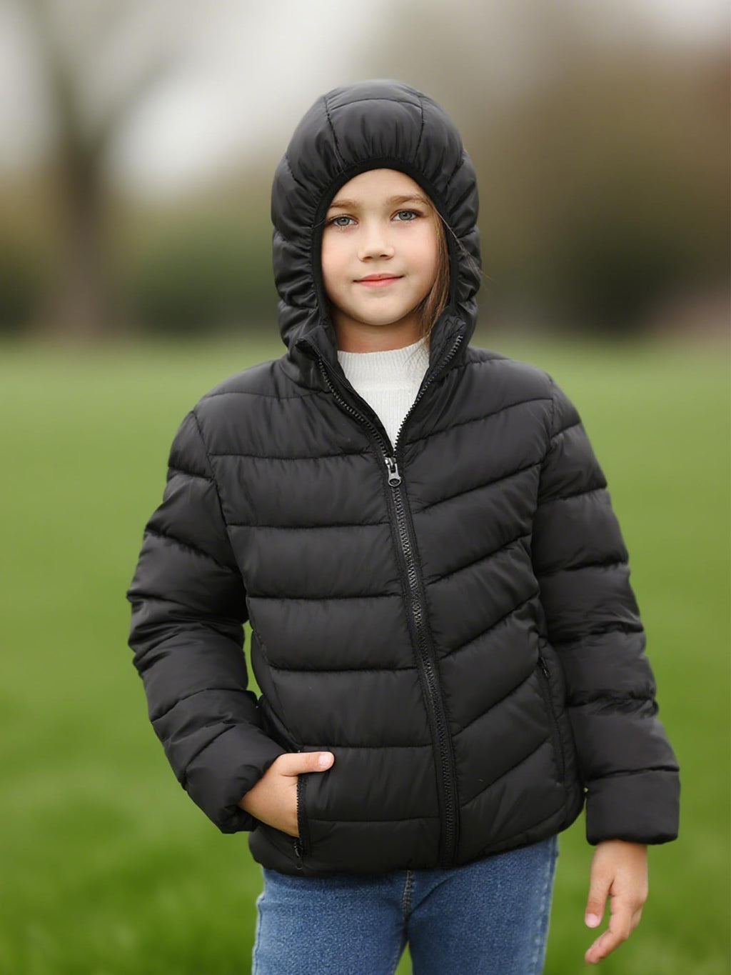 Lanbubble Girls Puffer Jacket Hooded Packable Winter Coat with Pockets Lightweight Warm Outerwear for Kids, Sizes 4-12 Years