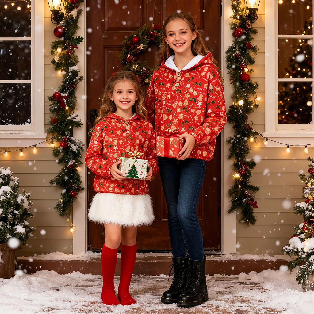 Lanbubble Girls Christmas Hoodie Sweatshirt Warm Pullover Top with Button, Sizes 6-13 Years