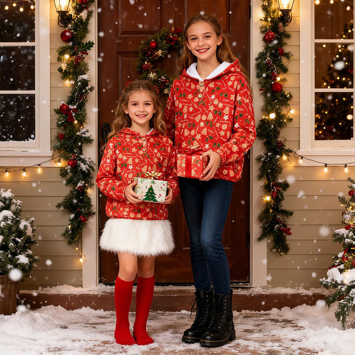 Lanbubble Girls Christmas Hoodie Sweatshirt Warm Pullover Top with Button, Sizes 6-13 Years
