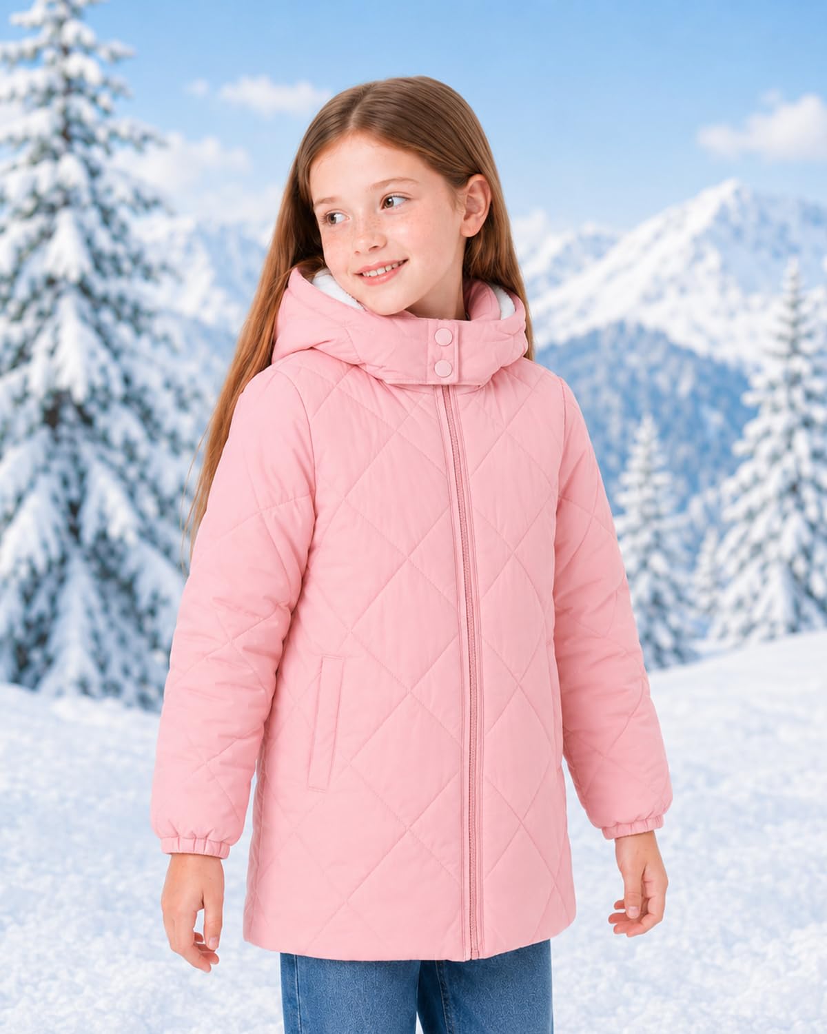 Lanbubble Girls Fleece Lined Hooded Puffer Jacket Winter Coat, Warm Outerwear with Pockets, Sizes 5-12 Years