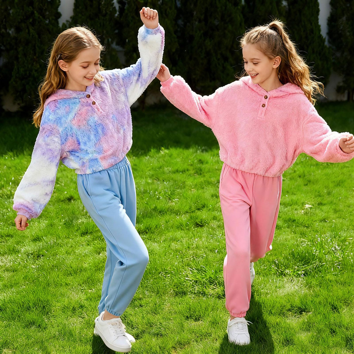 Lanbubble Girls Fuzzy Hoodie Fleece Sweaters Button Pullover Sherpa Jacket Tops for Kids 6-13Y