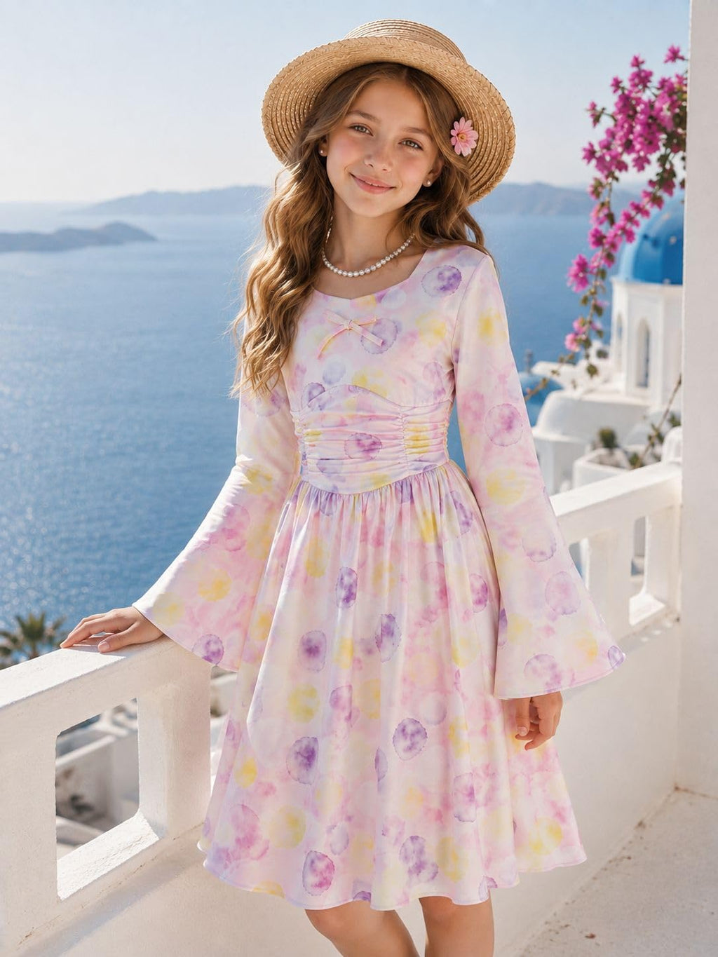 Lanbubble Girls Long Sleeve Dress Square Neck Bell Sleeve A-Line 7-14Y