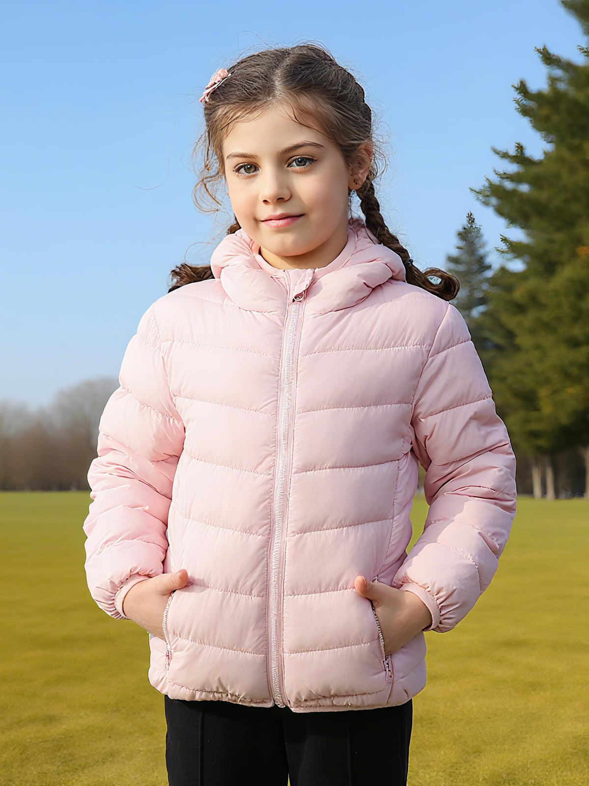 Lanbubble Girls Puffer Jacket Hooded Packable Winter Coat with Pockets Lightweight Warm Outerwear for Kids, Sizes 4-12 Years