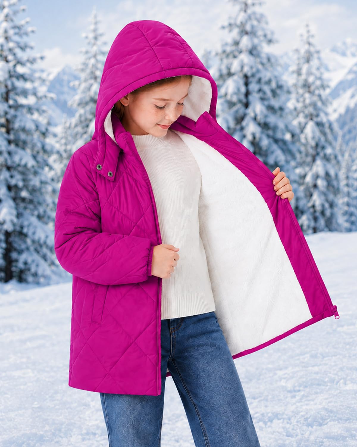 Lanbubble Girls Fleece Lined Hooded Puffer Jacket Winter Coat, Warm Outerwear with Pockets, Sizes 5-12 Years