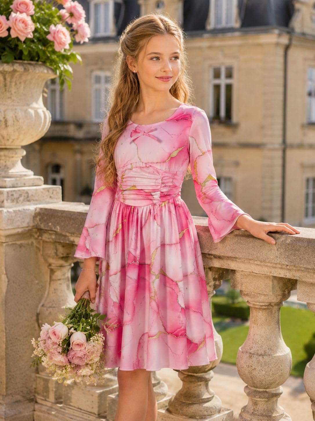 Lanbubble Girls Long Sleeve Dress Square Neck Bell Sleeve A-Line 7-14Y