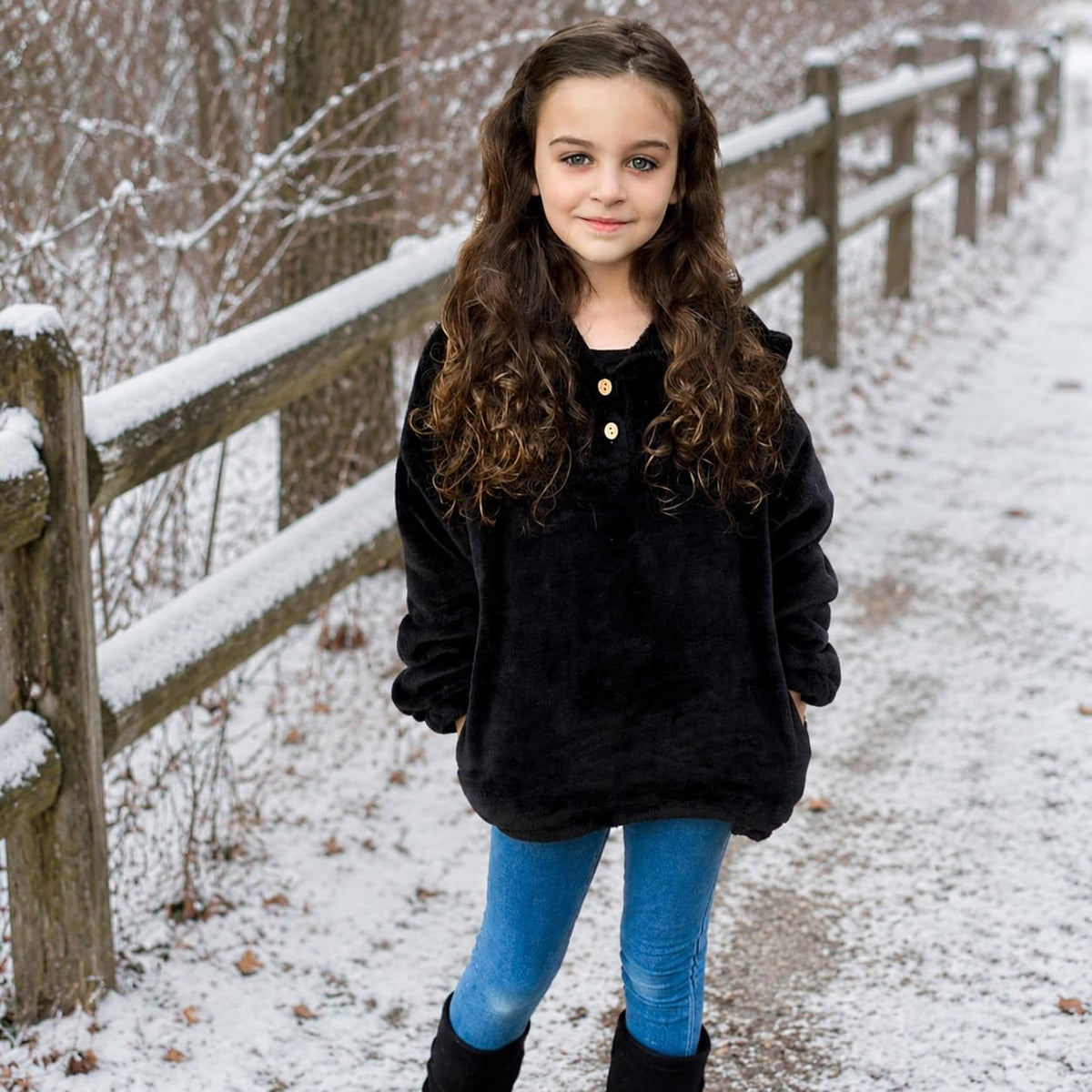 Lanbubble Girls Fuzzy Hoodie Fleece Sweaters Button Pullover Sherpa Jacket Tops for Kids 6-13Y