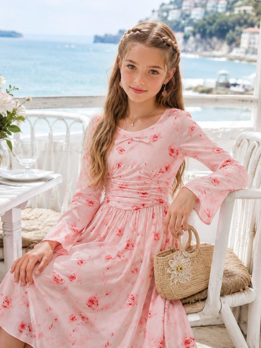 Lanbubble Girls Long Sleeve Dress Square Neck Bell Sleeve A-Line 7-14Y