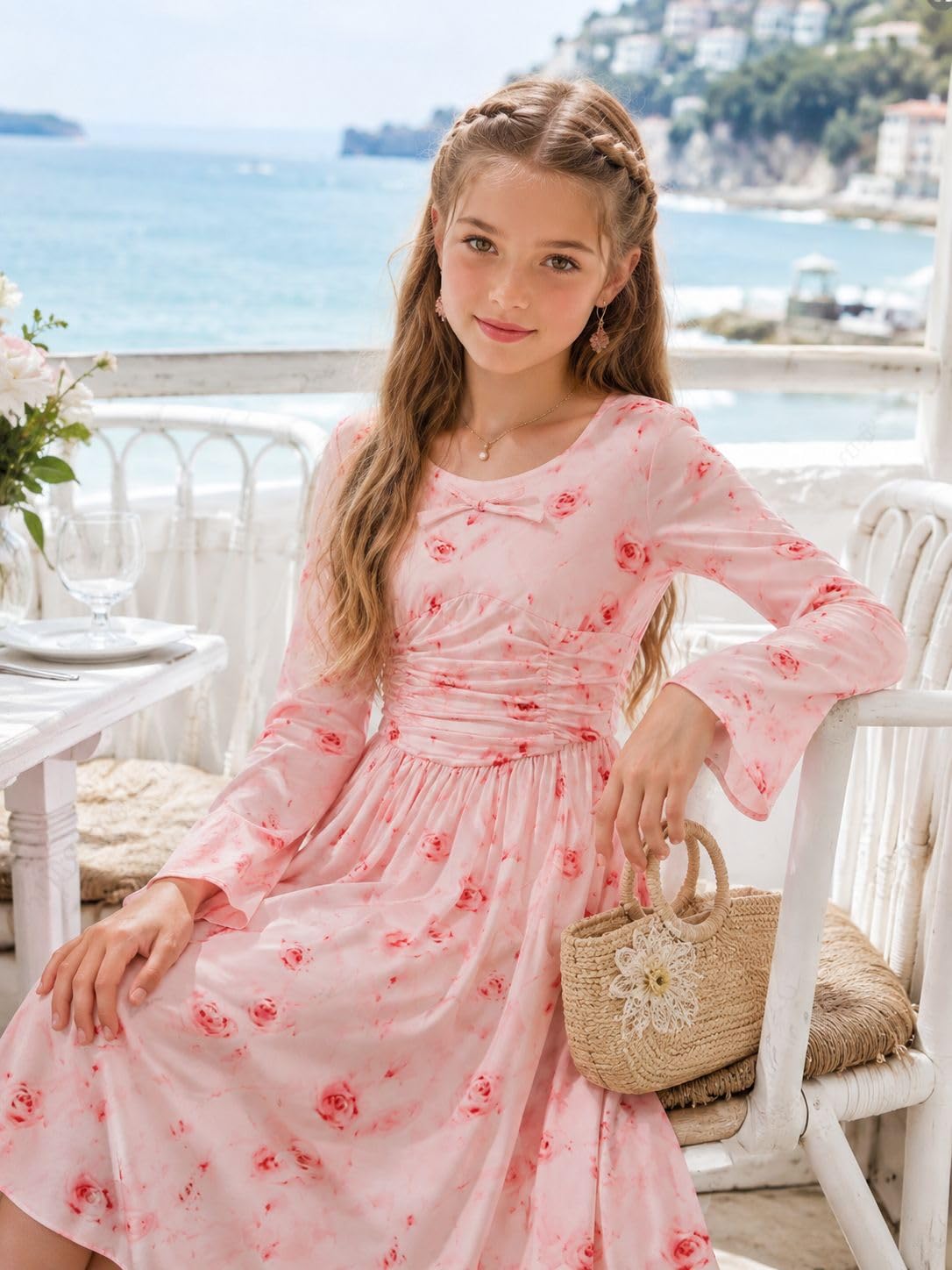 Lanbubble Girls Long Sleeve Dress Square Neck Bell Sleeve A-Line 7-14Y