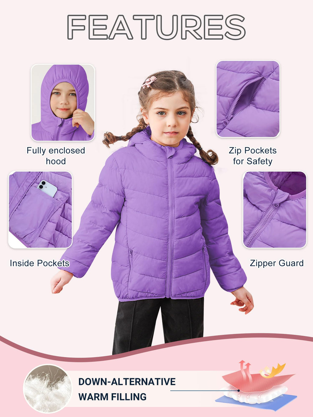 Lanbubble Girls Puffer Jacket Hooded Packable Winter Coat with Pockets Lightweight Warm Outerwear for Kids, Sizes 4-12 Years