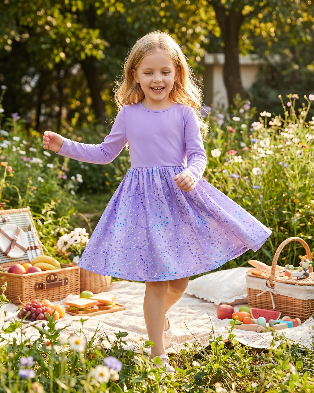 Lanbubble Toddler Girls Long Sleeve Dress A-Line Casual Play Dresses Size 2-7T