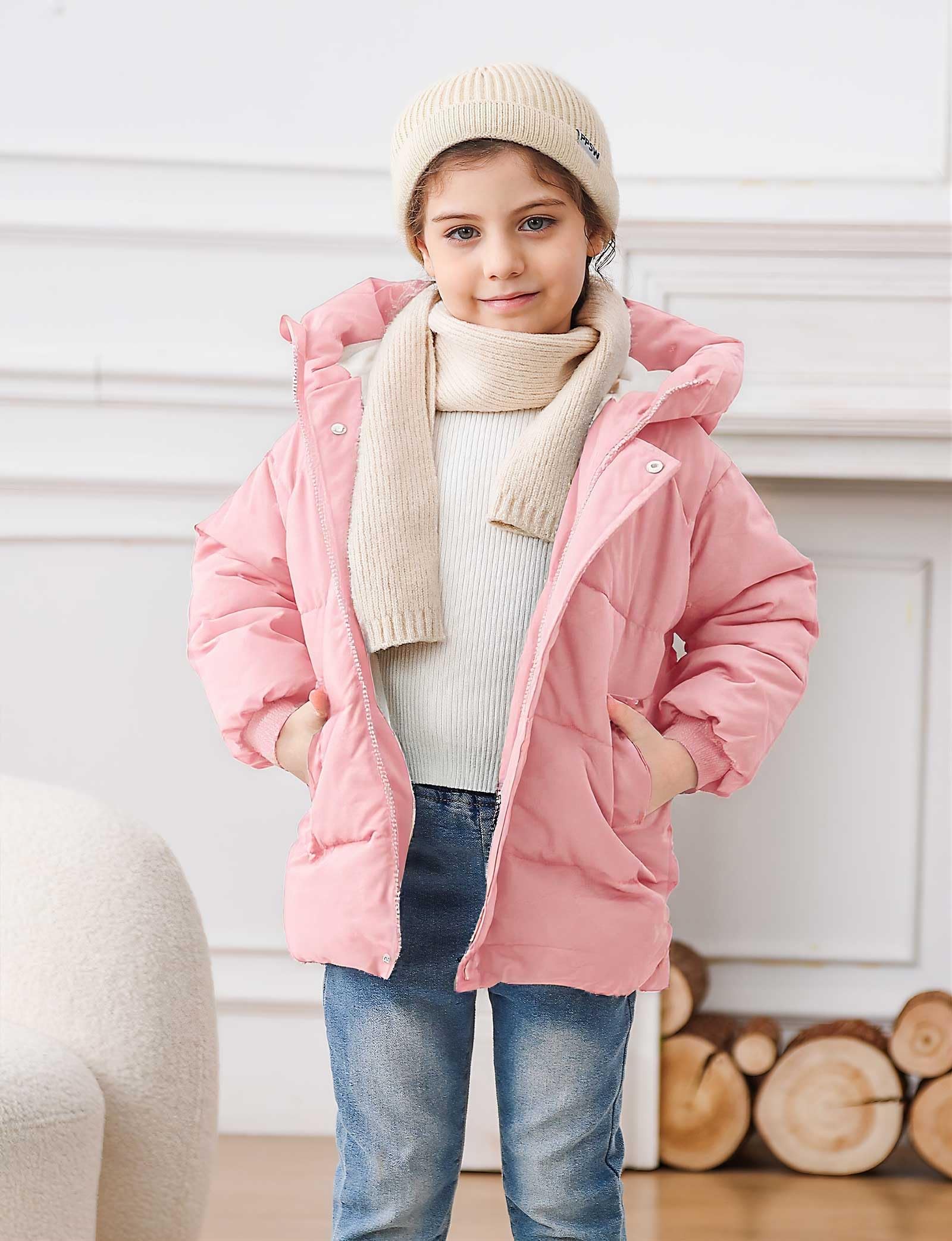 Lanbubble Little Girls Winter Coats Kids Hooded Fleece Lined Jacket Toddler Mid-Length Zip Puffer Jackets 2-6Y