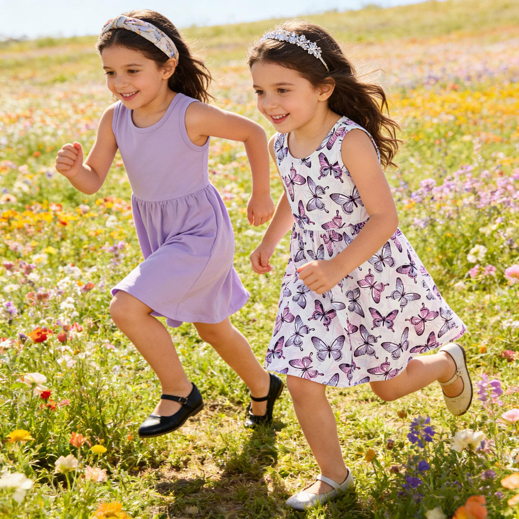 Lanbubble 2-Pack Toddler Girls Dresses Sleeveless Casual Sundress Summer Purple Butterfly Dress For Girl 2-6T