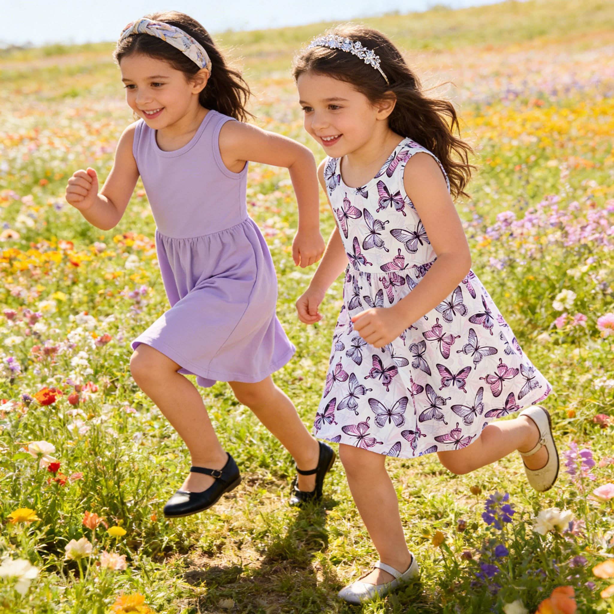 Lanbubble 2-Pack Toddler Girls Dresses Sleeveless Casual Sundress Summer Purple Butterfly Dress For Girl 2-6T