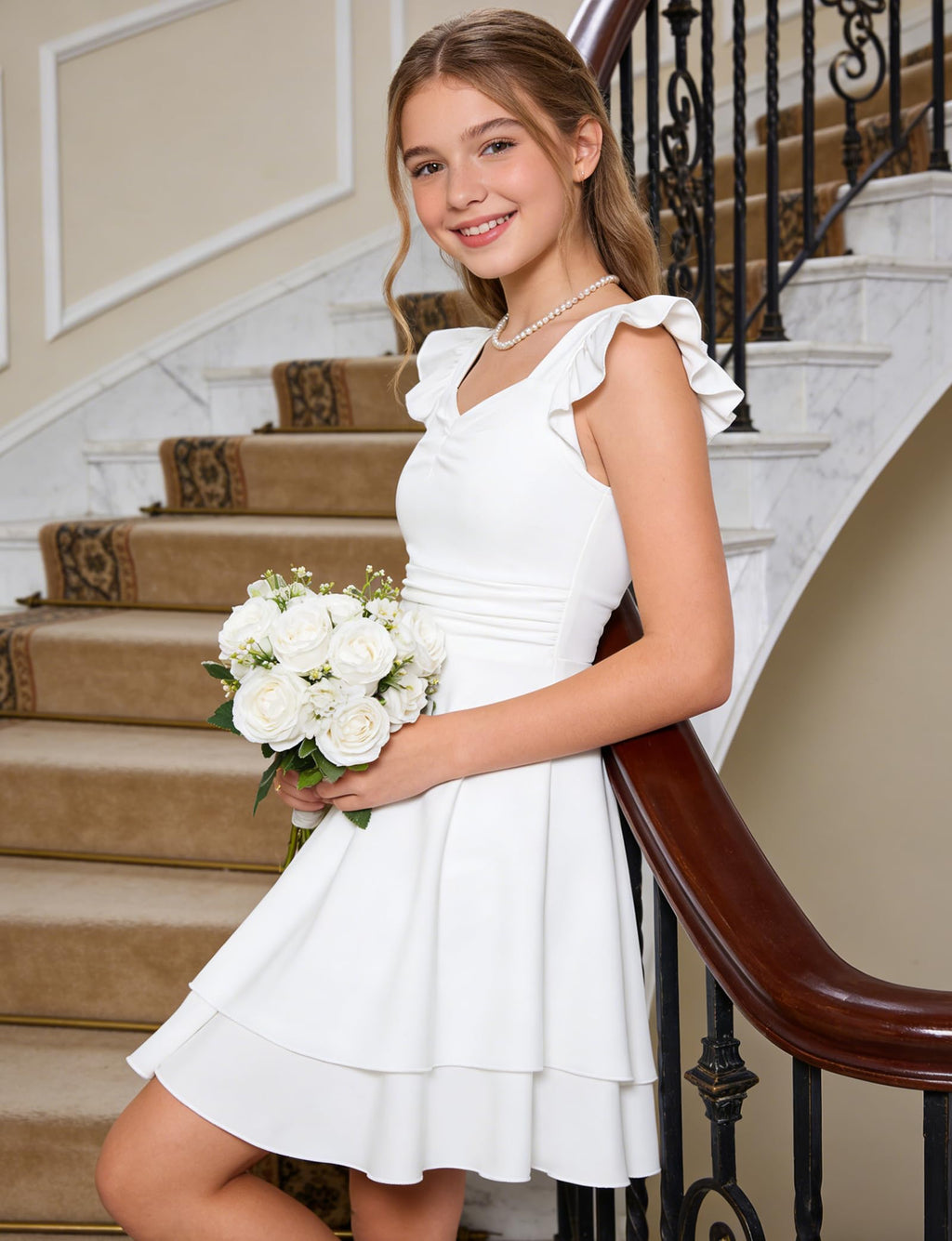 Lanbubble Girls Ruched Dresses Ruffle Sleeve Teens Tiered Swing A-line Teen Dress 8-16 Years