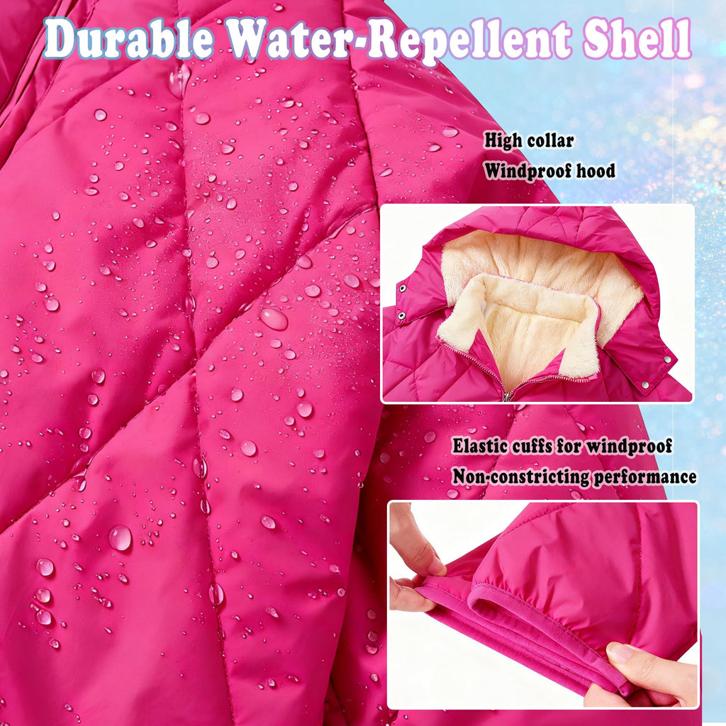 Lanbubble Girls Fleece Lined Hooded Puffer Jacket Winter Coat, Warm Outerwear with Pockets, Sizes 5-12 Years