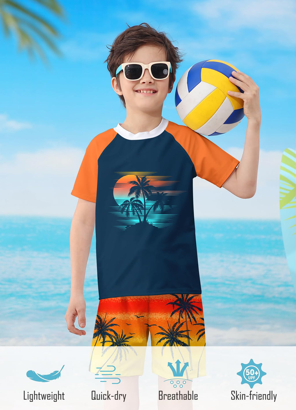 Lanbubble Toddler Boys Swimsuits Set Rash Guard Two Piece Short Sleeve Bathing Suit with Trunks 4-10 Years