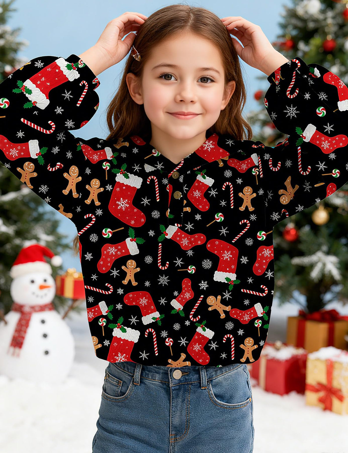 Lanbubble Girls Christmas Hoodie Sweatshirt Warm Pullover Top with Button, Sizes 6-13 Years