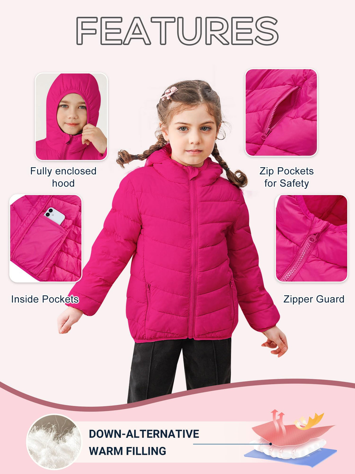 Lanbubble Girls Puffer Jacket Hooded Packable Winter Coat with Pockets Lightweight Warm Outerwear for Kids, Sizes 4-12 Years