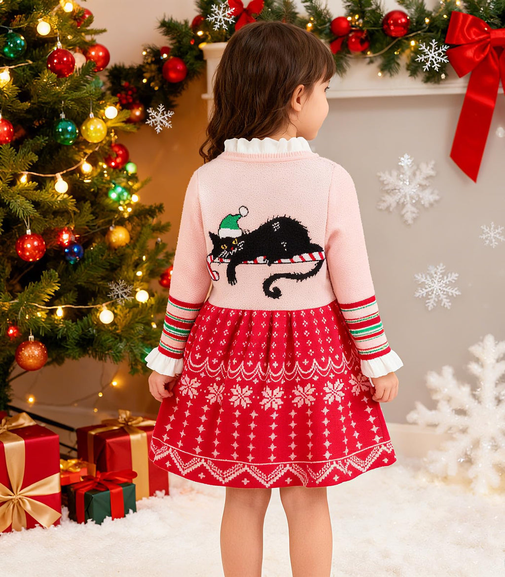 Lanbubble Girls Ugly Christmas Sweater Dress Long Sleeve Knit Ruffle-Trim A-Line Holiday Outfit for Kids 2-9 Years
