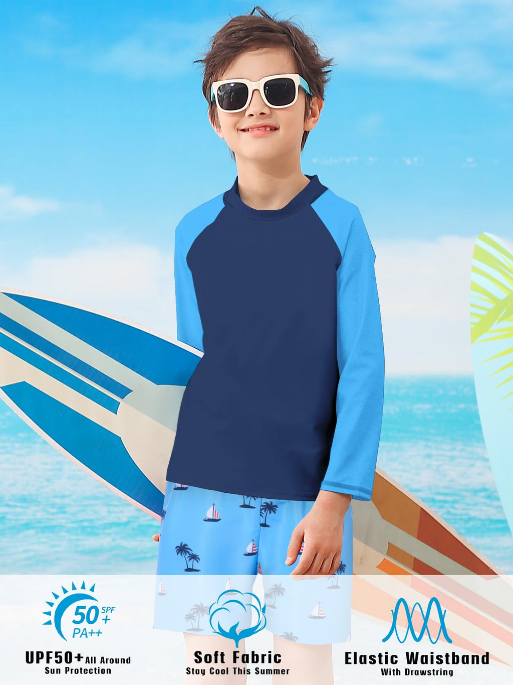 Lanbubble Boys Long Sleeve Rash Guard Swimsuit Kids 2-Pieces Bathing Suits Set