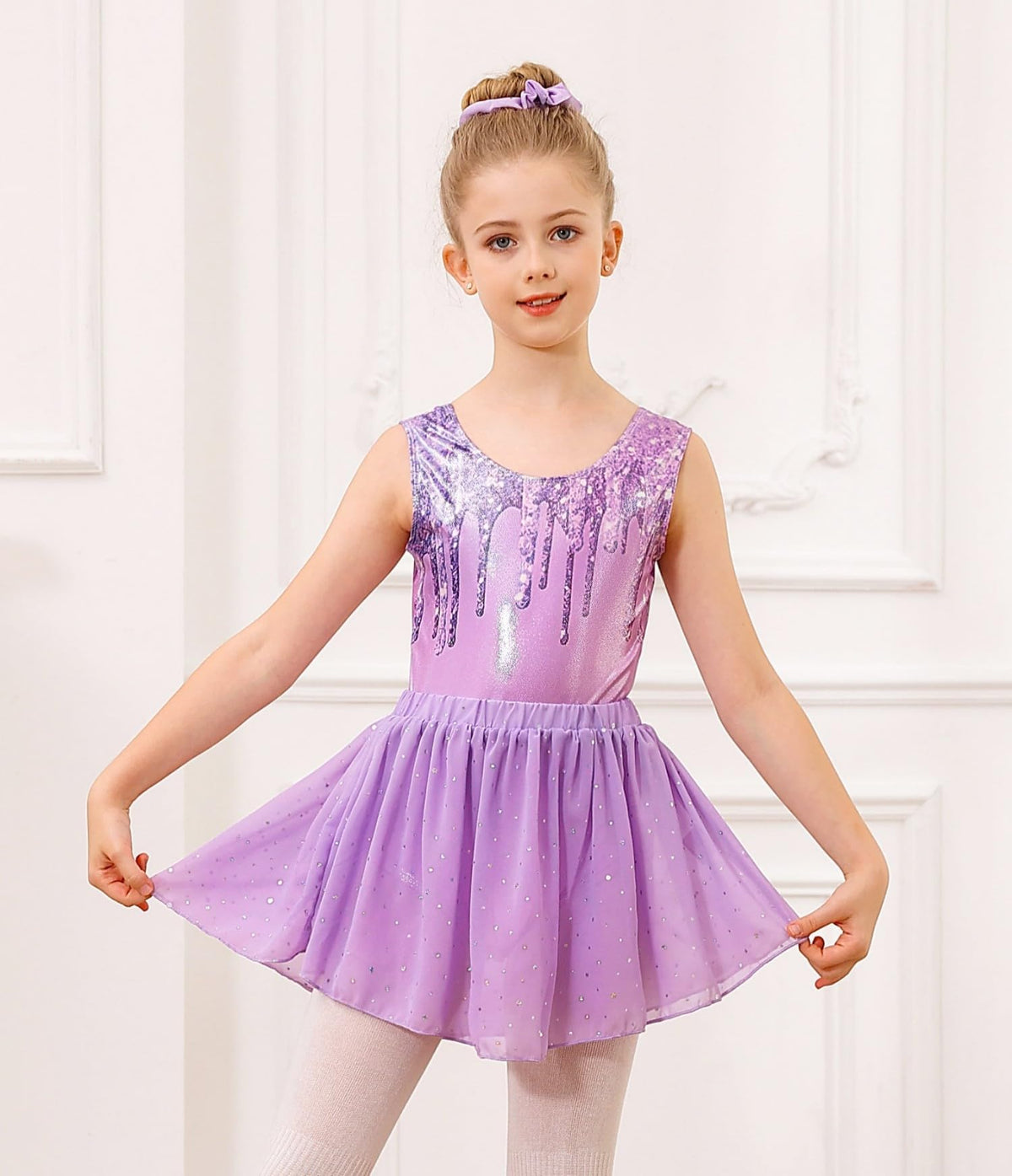 Lanbubble Girls Gymnastics Leotards Sleeveless Ballet Leotard for Girl Dance Outfit with Skirt Hair Scrunchie 5-9 Years