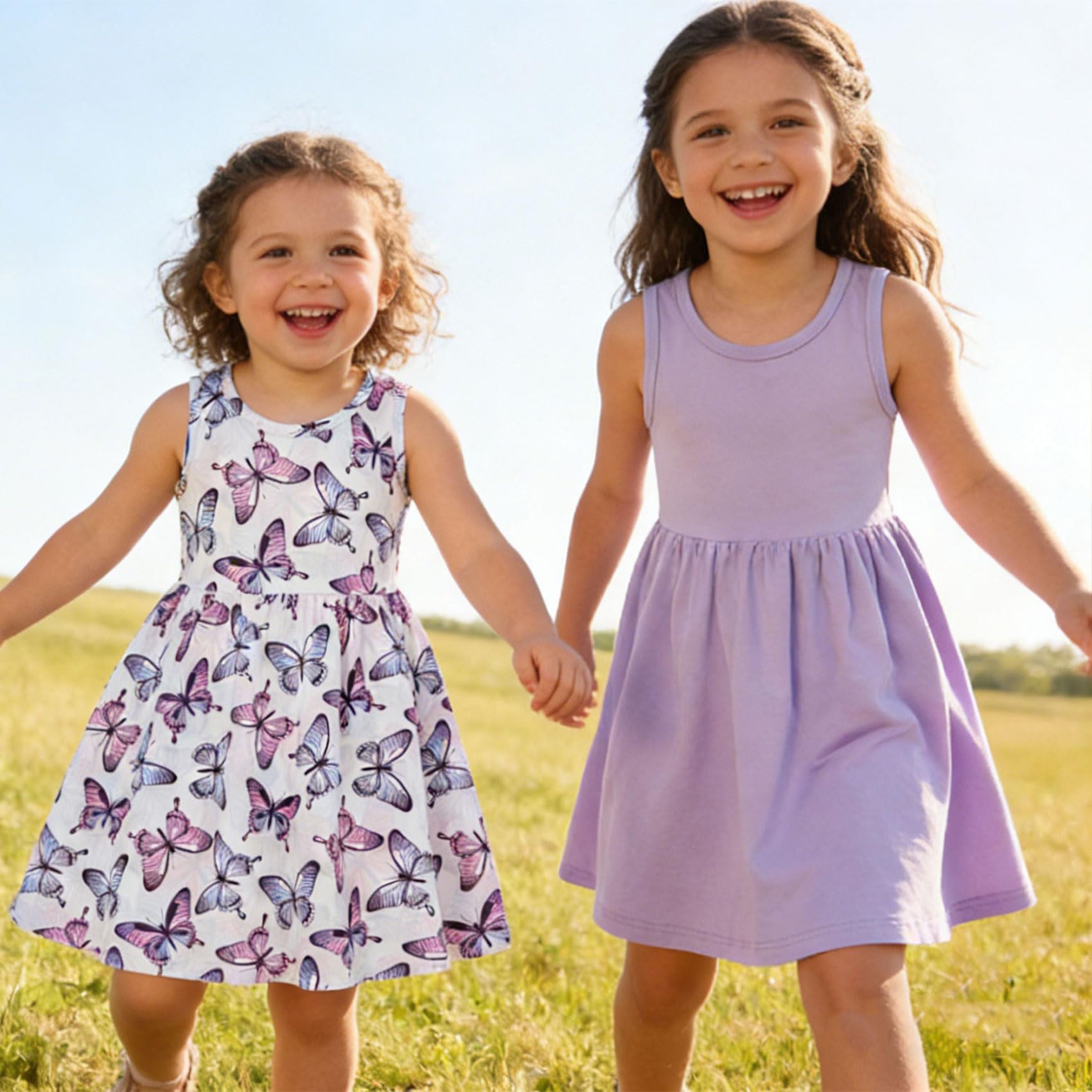 Lanbubble 2-Pack Toddler Girls Dresses Sleeveless Casual Sundress Summer Purple Butterfly Dress For Girl 2-6T