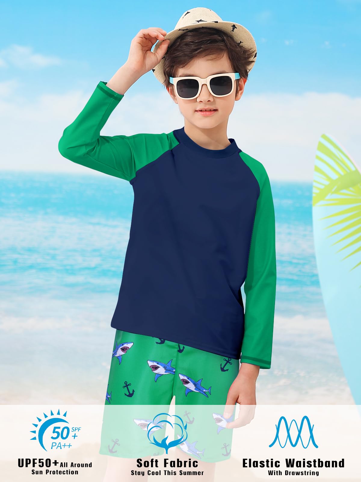 Lanbubble Boys Long Sleeve Rash Guard Swimsuit Kids 2-Pieces Bathing Suits Set