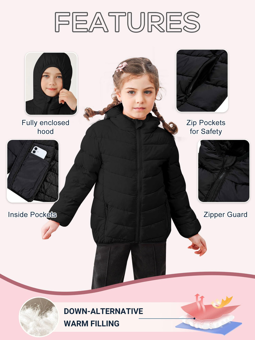 Lanbubble Girls Puffer Jacket Hooded Packable Winter Coat with Pockets Lightweight Warm Outerwear for Kids, Sizes 4-12 Years