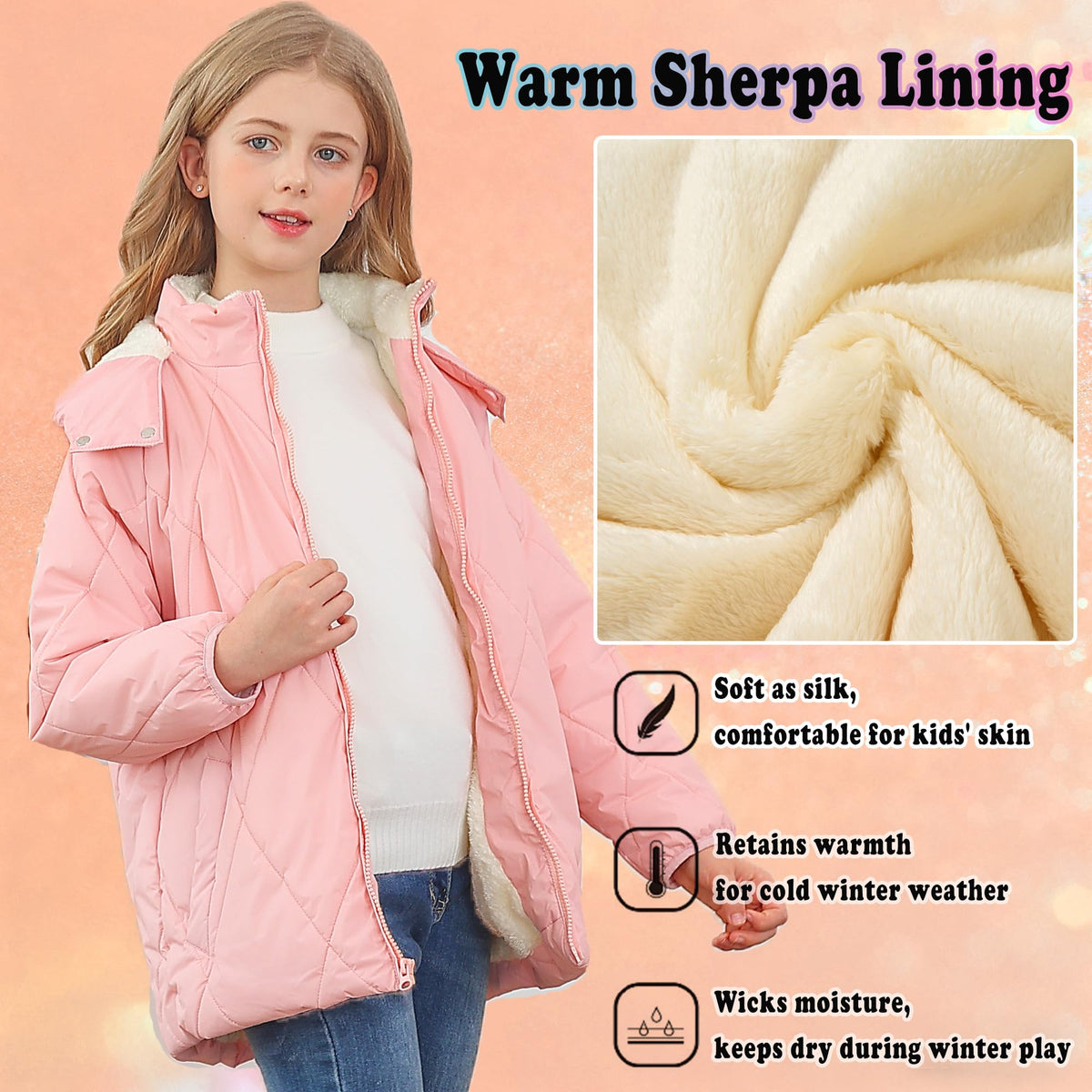 Lanbubble Girls Fleece Lined Hooded Puffer Jacket Winter Coat, Warm Outerwear with Pockets, Sizes 5-12 Years