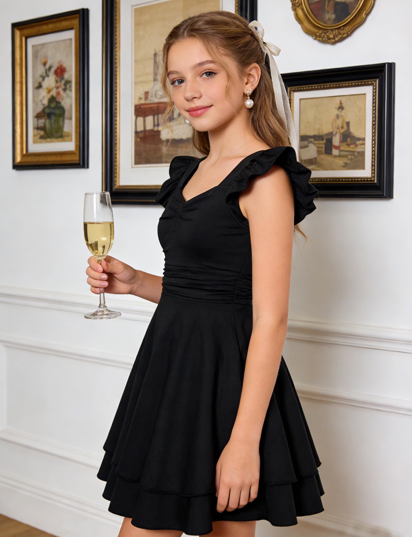Lanbubble Girls Ruched Dresses Ruffle Sleeve Teens Tiered Swing A-line Teen Dress 8-16 Years
