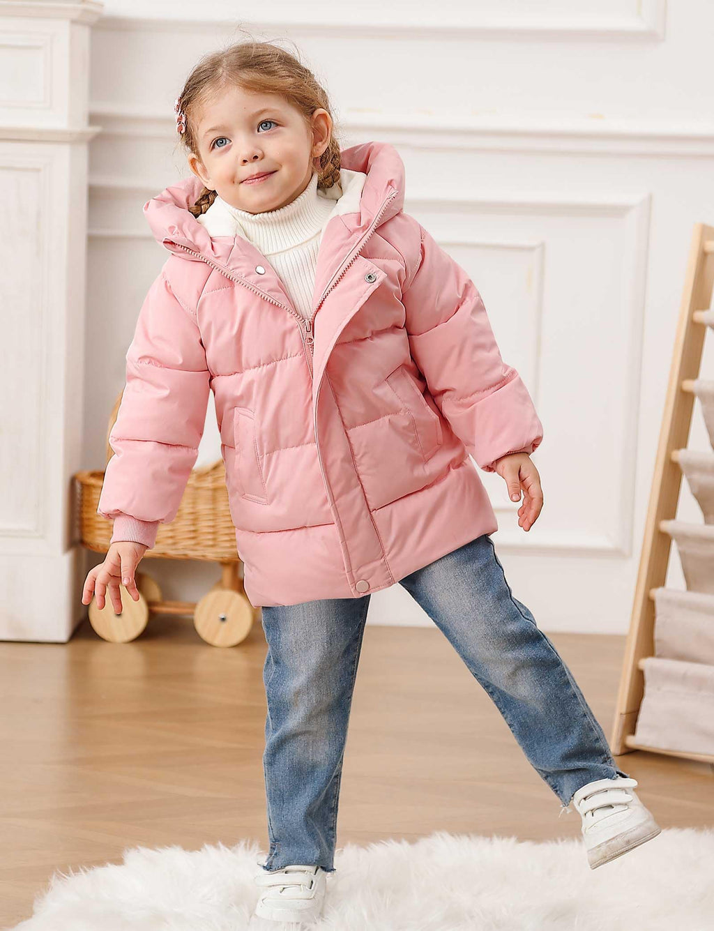 Lanbubble Little Girls Winter Coats Kids Hooded Fleece Lined Jacket Toddler Mid-Length Zip Puffer Jackets 2-6Y