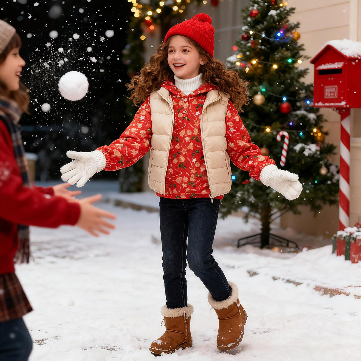 Lanbubble Girls Christmas Hoodie Sweatshirt Warm Pullover Top with Button, Sizes 6-13 Years
