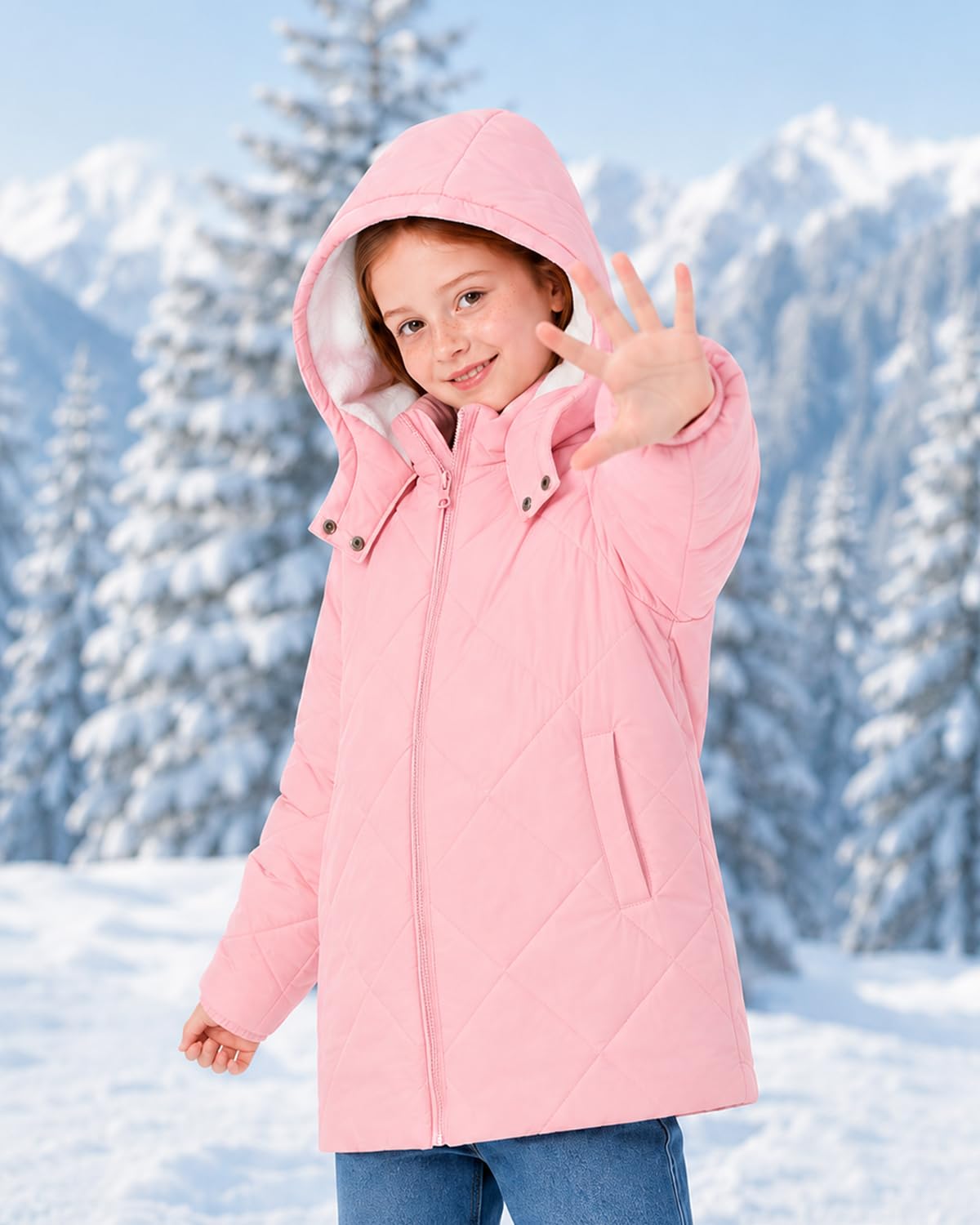 Lanbubble Girls Fleece Lined Hooded Puffer Jacket Winter Coat, Warm Outerwear with Pockets, Sizes 5-12 Years