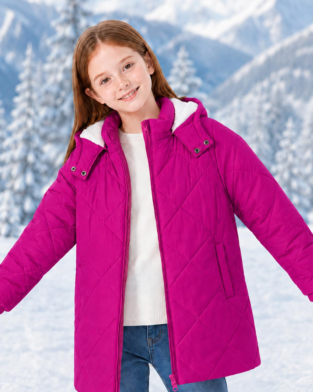 Lanbubble Girls Fleece Lined Hooded Puffer Jacket Winter Coat, Warm Outerwear with Pockets, Sizes 5-12 Years