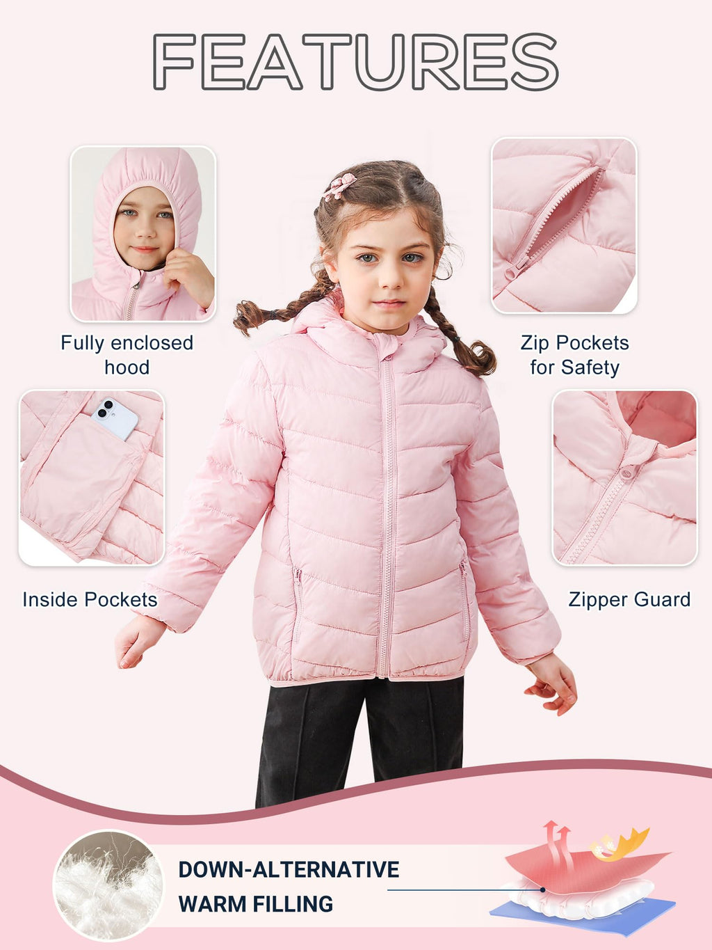 Lanbubble Girls Puffer Jacket Hooded Packable Winter Coat with Pockets Lightweight Warm Outerwear for Kids, Sizes 4-12 Years