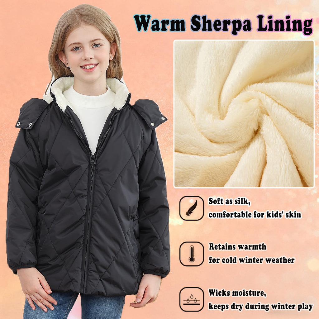Lanbubble Girls Fleece Lined Hooded Puffer Jacket Winter Coat, Warm Outerwear with Pockets, Sizes 5-12 Years